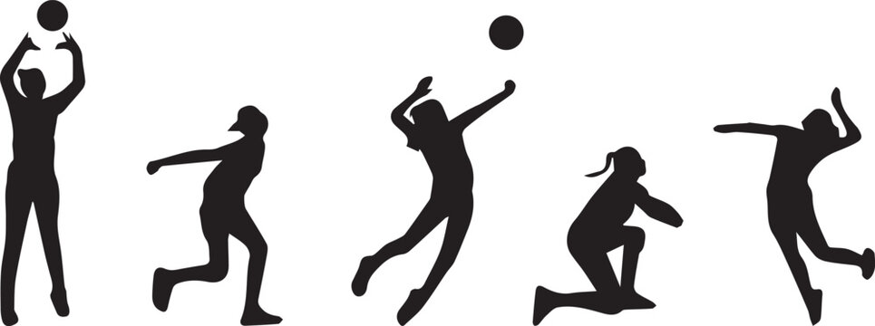 Volleyball sequence silhouette serving bumping spiking blocking jumping action