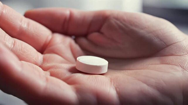 White tablet falling from amber bottle into open palm, gentle hand receiving medicine in soft window light, macro healthcare scene showing medication routine, patient care and responsible drug dosage