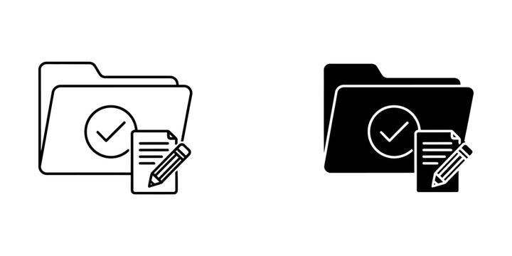 Approved document management and folder editing icons with document, checkmark