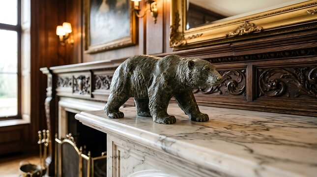 Bronze bear sculpture on marble fireplace mantel in luxury study