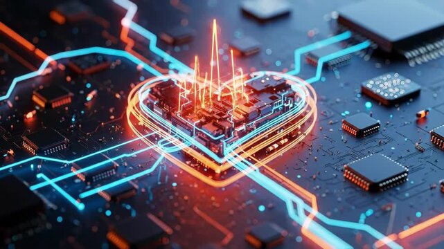 Electronic heart shape made of microchips and integrated circuits, glowing with neon lights. Symbol of digital love and artificial intelligence for Valentines Day.