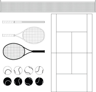 Tennis elements vector set - Minimalist flat line or outline icons of tennis court, rackets, balls, and net in black and white