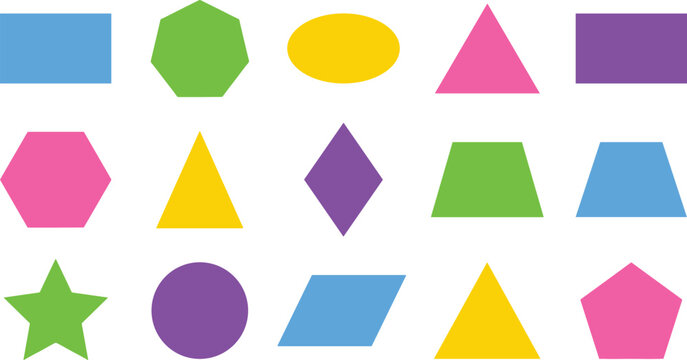 Vector set of simple colorful geometric shapes for children education, including circle, square, triangle, star, and polygon elements isolated on white background.