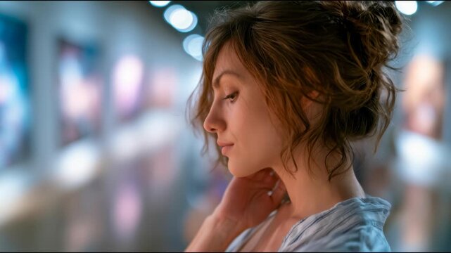 Elegant woman looking at paintings in a modern art gallery, surrounded by soft light, blurred artworks, and calm cultural atmosphere
