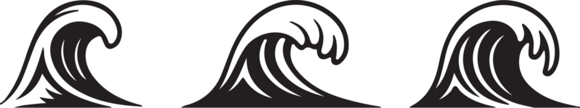 Three black wave crests isolated on white background ocean water graphics