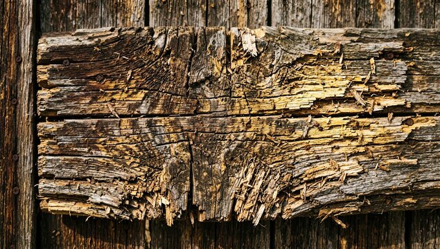 Close-up of weathered, distressed, cracked, and splintered old rustic wood plank texture.