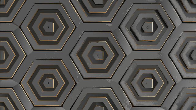 Geometric hexagonal pattern with gold accents showcases a repeating tessellation in a dark gray color scheme hexagons interlocking polygon six sided shape