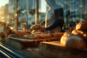 Fototapeta premium Early morning bakery storefront window with bread loaves visible inside and adult silhouette arrangi