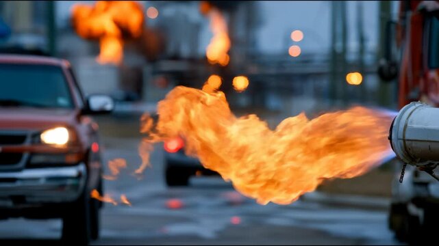 Large flames at an oil refinery near traffic, showing industrial danger, fuel accident, emergency response, and environmental risk