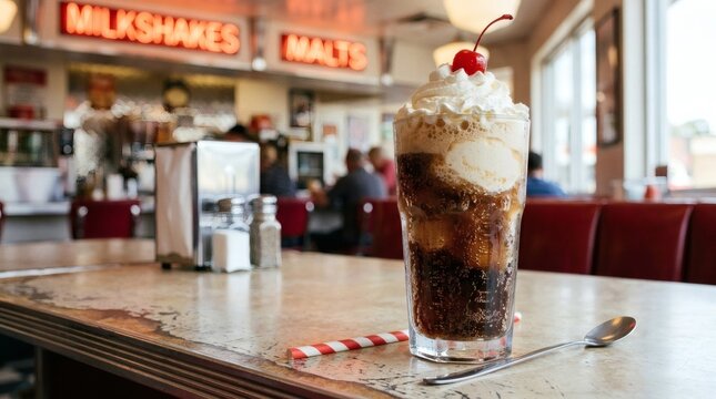 Delicious ice cream soda with whipped cream on a diner counter perfect for National Ice Cream Soda Day
