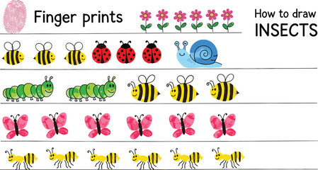 Vector set of cute fingerprint art step-by-step drawing guide for insects including bee, butterfly, caterpillar, snail, and ladybug on white background. © MdGohurul