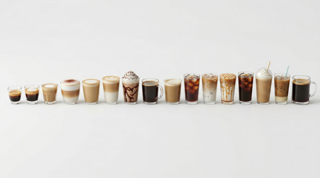 Sixteen coffee drinks in a row, various types and sizes, white background
