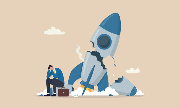 Fail business The style of the illustration is modern, flat design with clean lines and minimal shading crash launching space rocket metaphor of new business failure