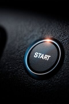 Start button unpressed and illuminated with focused lighting and crisp surface texture