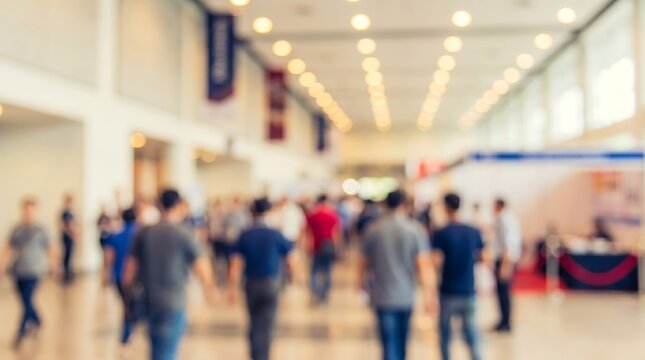 Blurred crowd of business people walking through modern convention center hall with warm overhead lighting during corporate exhibition event featuring unidentified professionals in motion