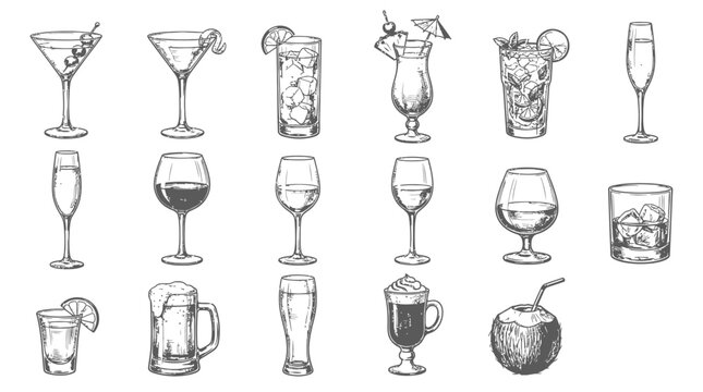 Collection of hand-drawn beverage illustrations showcasing various cocktail and drink glasses