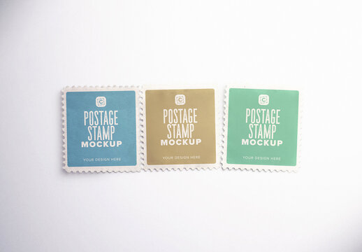 Postage Stamp Strip Mockup &mdash; 3 Connected Square Stamps, Flat Lay, PSD