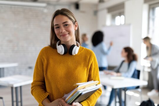 The Student in Yellow Sweater Holding Notebooks and Headphones in Bright Classroom