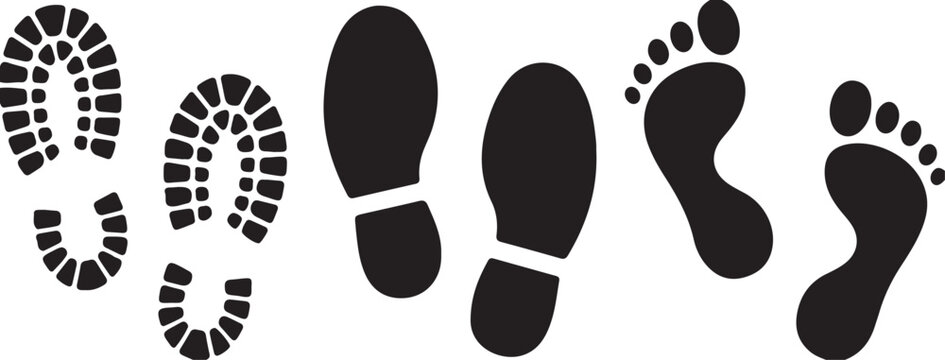 Collection of footprints and shoe prints in black silhouette