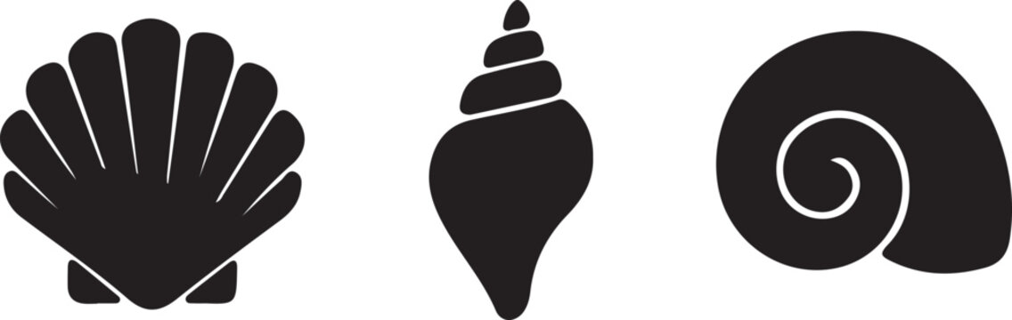 Seashell collection silhouette icons scallop cone nautilus