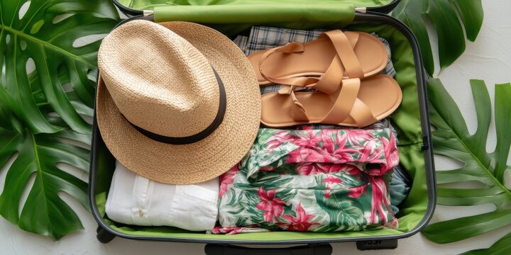 The suitcase packed for a tropical getaway with straw hat, sandals and floral dress