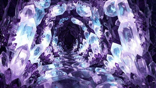 Amethyst crystal cave interior with glowing purple and blue gemstones forming magical subterranean path.