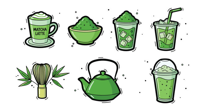 Matcha Green Tea Icon Set &mdash; Latte Powder Bowl Whisk Teapot and Iced Drink Cartoon Vector Illustrations