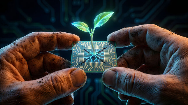 Hands holding a cracked computer chip with a vibrant green seedling growing from it