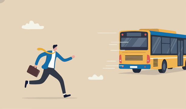 Left behind, exclusion or forgotten employee, failure or mistake to come late and miss the bus, opportunity gone concept, frustrated businessman late running catch the run away bus