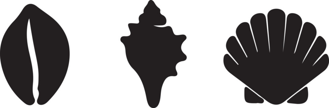 Seashell silhouette collection cowrie cone and scallop shells