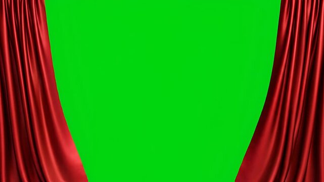 Red theater curtains opening to reveal a green screen background.