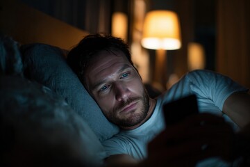 Fototapeta premium Nighttime smartphone usage scene adult man light skin tone short dark hair
