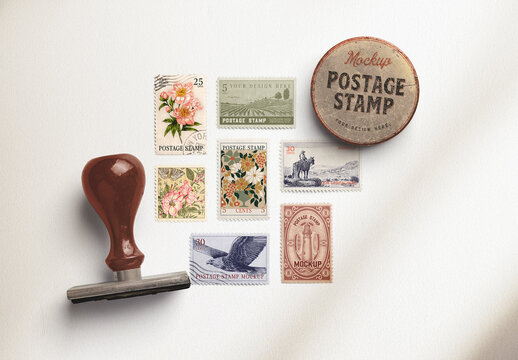 Postage Stamp Scene Mockup &mdash; Rubber Stamp, Ink Tin, Flat Lay, PSD