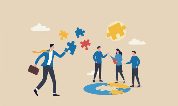 Finding jigsa teams idea to solve self problem, challenge or inspiration concept, businessman finding jigsaw to complete himself