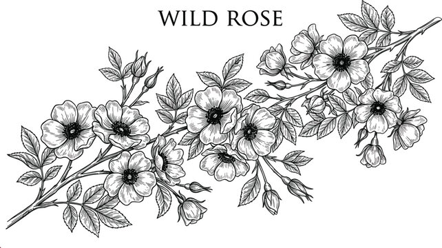 Beautiful hand drawn wild rose flower horizontal branch vector illustration with detailed vintage line art engraving isolated on white background