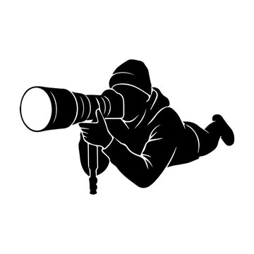 Wildlife Photographer Silhouette SVG - Lying Prone Cameraman with Large Telephoto Lens Vector Clipart