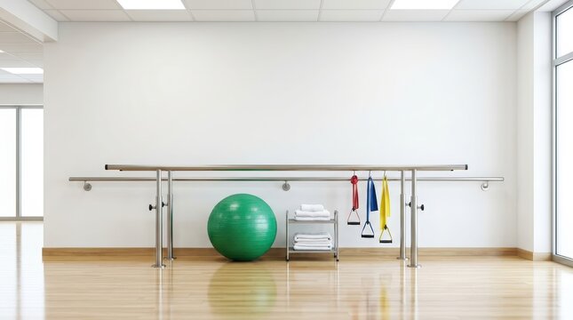 Object only treatment room interior with parallel bars and therapy equipment