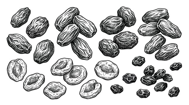 Detailed hand-drawn illustration of dried fruits including raisins, prunes, and dates