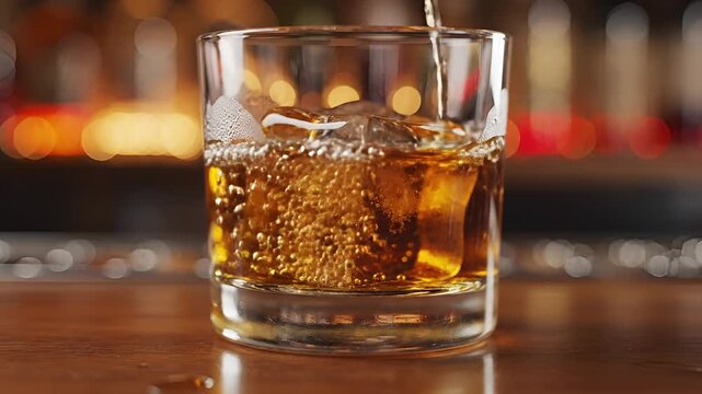 Whiskey Pouring into Glass with Ice Cubes on Bar Counter.