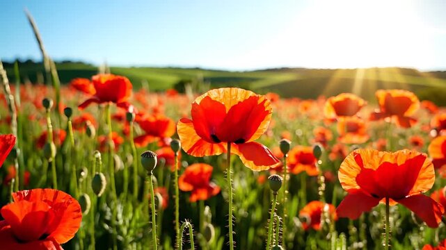 Vibrant Poppy Field Bathed in Golden Sunset Light.