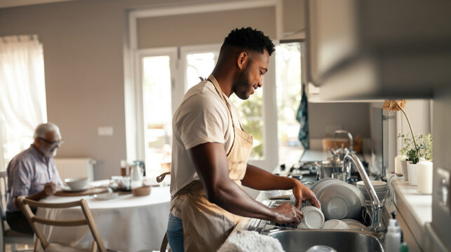 Young Black male caregiver helping an older man wash dishes together in a bright home kitchen.