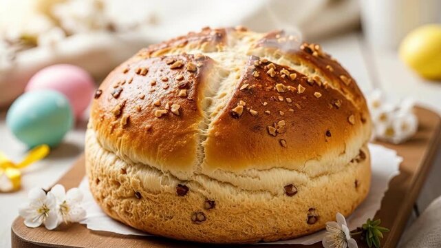 Traditional Easter bread loaf with cross pattern and seed topping surrounded by dyed eggs flowers and milk glass. Festive spring pastry for holiday celebration. Baking concept for Easter brunch