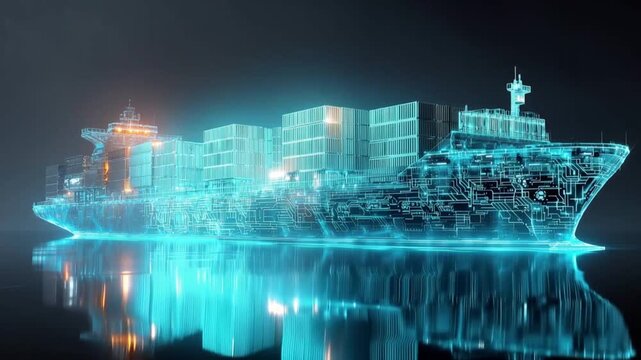 A futuristic, transparent container ship glows with an electric blue light, showcasing its intricate digital blueprint against a dark. ..Created with Generative AI, not depicting real subjects.