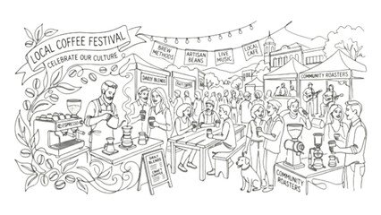 Fototapeta premium Coffee Festival One Line Drawing – Artisan Café Brewing Beans Local Culture Line Art