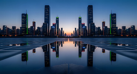 Naklejka premium Symmetrical city skyline with modern skyscrapers reflected in calm water at twilight, blue sky