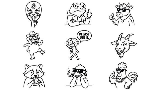 Set of nine diverse animal and character line art illustrations on white.
