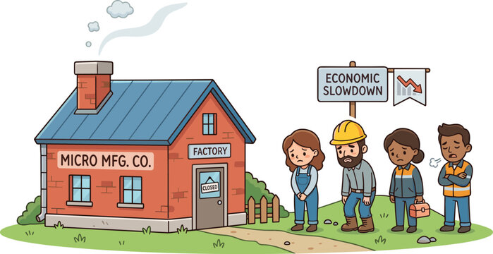 Factory Closure Illustration with Workers and Economic Slowdown Concept Showing Job Loss and Business 