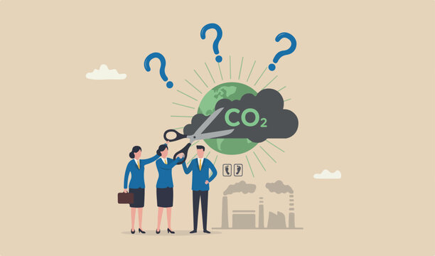 Reduce carbon footprint, decrease emission produce, global warming environmental recovery concept, businessman team country leader cutting CO2 carbon dioxide smoke from industrial