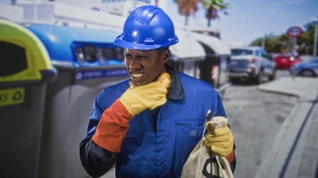 Man in blue hardhat holds money bag and yellow earmuffs while hand to throat for coughing on street; safety hazard stress.