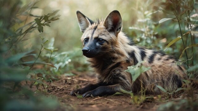  An aardwolf resting in soft blurred foliage ai